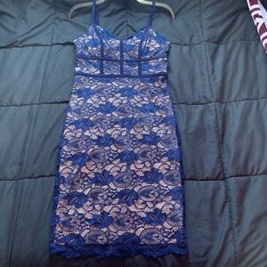 B Darlin Nude W/Royal Blue Lace Overlay Bodycon Dress W/Blue Caged Bodice (S)